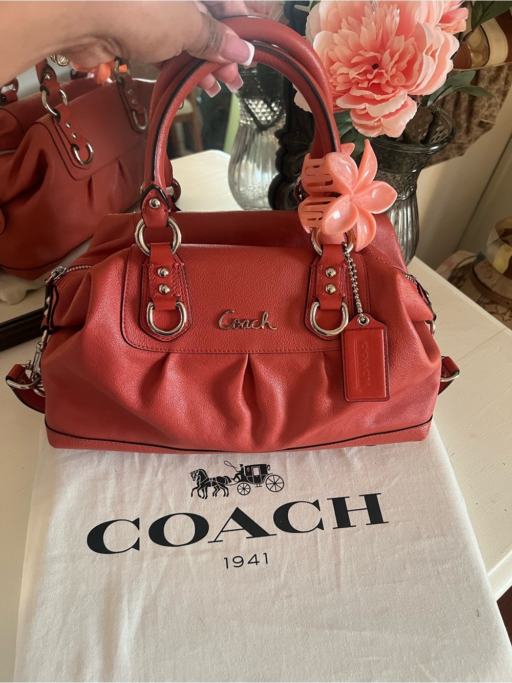 Y2K Coach Ashley pleated leather satchel in the vibrant Coral color way